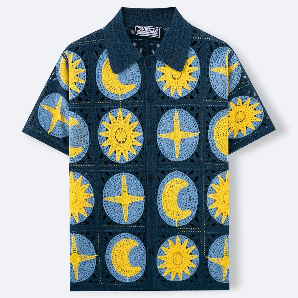 Men's navy blue short-sleeve cardigan sweater with a thin acrylic fabric and a flocking cartoon pattern detail.