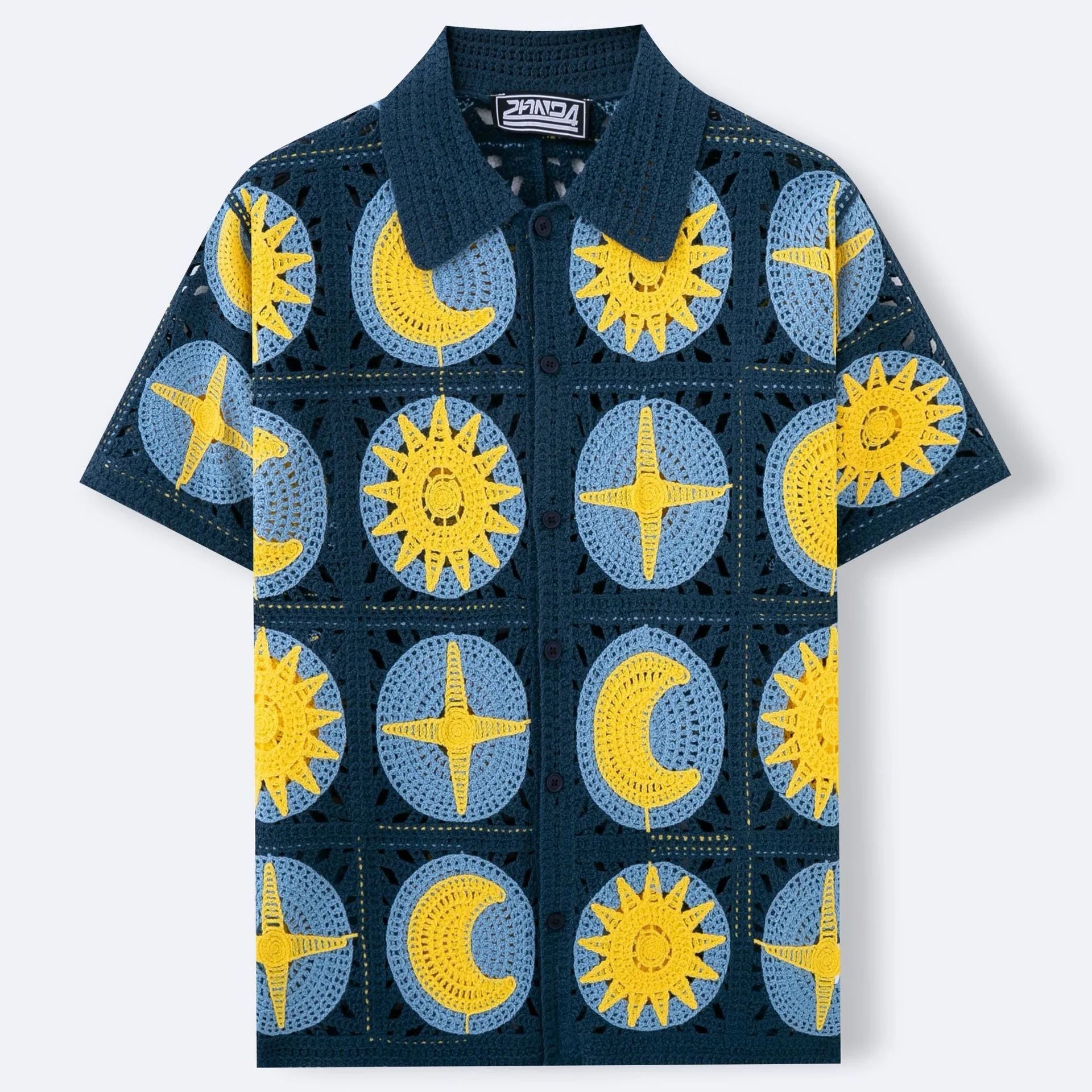 Men's navy blue short-sleeve cardigan sweater with a thin acrylic fabric and a flocking cartoon pattern detail.