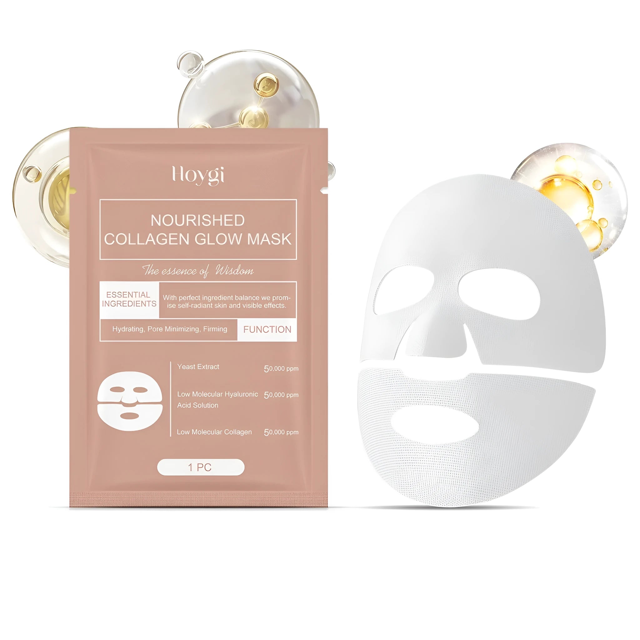 Collagen glow face mask sheet with hyaluronic acid and grape seed oil ingredients