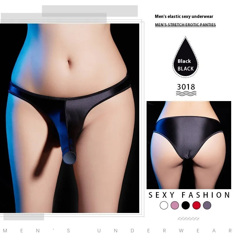 Men's shiny black low-waist T-back underwear laid flat, showing seductive cut and nylon material.