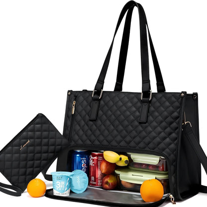 Brown women's insulated lunch bag 42x30x18cm with leak-proof lining and diagonal strap