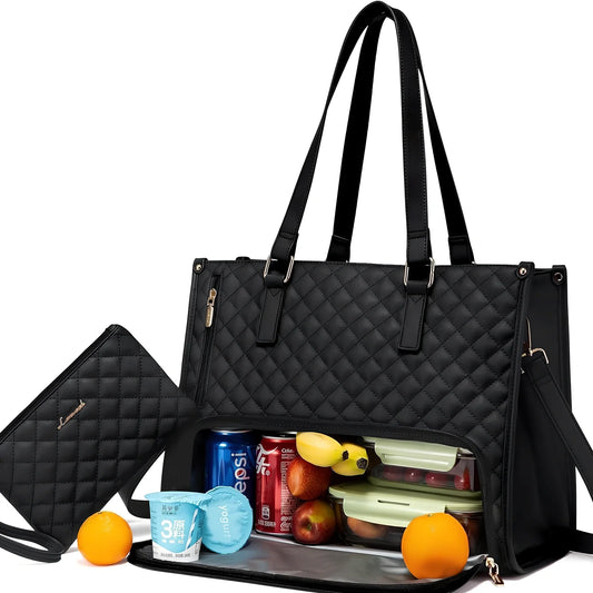 Brown women's insulated lunch bag 42x30x18cm with leak-proof lining and diagonal strap