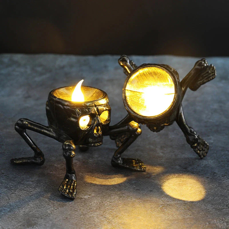 Spooky skull-shaped candle lantern with warm, atmospheric lighting for Halloween decorations