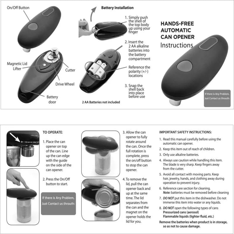 Black plastic electric can opener with battery compartment for portable kitchen use