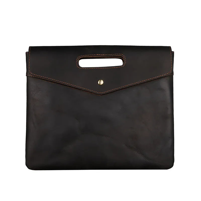 Genuine leather men's vintage business briefcase brown envelope shape wrapped closure soft handle