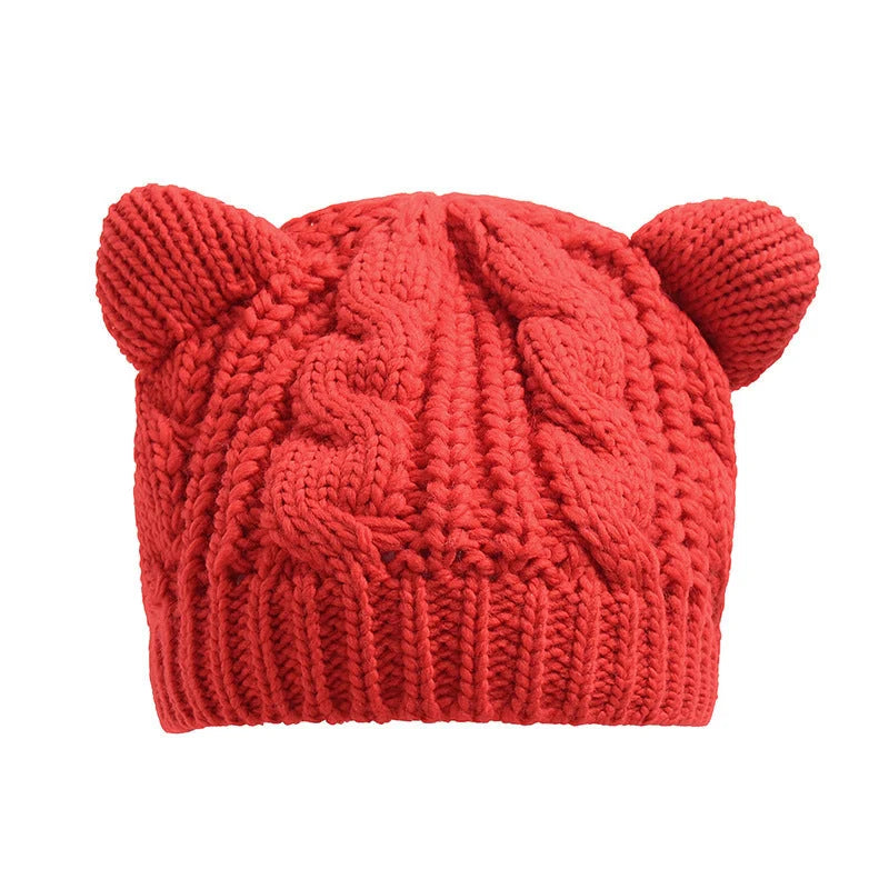 Handcrafted 3D knitted cat ear beanie in various colours for winter warmth