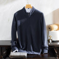 Men's cashmere zippered round neck cardigan sweater in camel colour, long sleeves, front zip closure