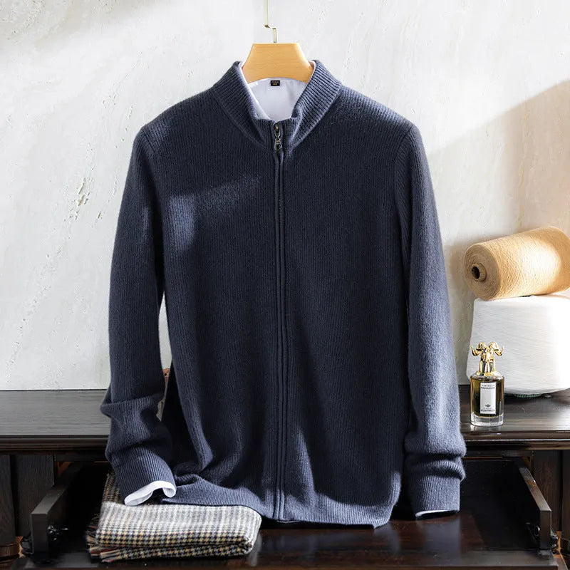 Men's cashmere zippered round neck cardigan sweater in camel colour, long sleeves, front zip closure