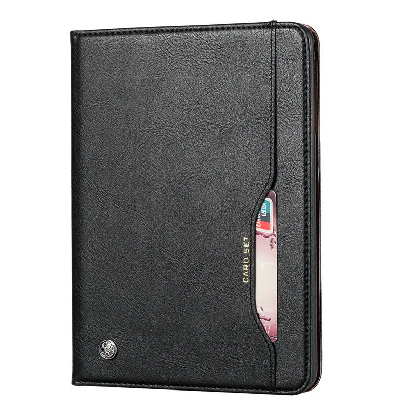 Classic kneading leather flip protective cover for Apple iPad in black, dark brown, and red colours.