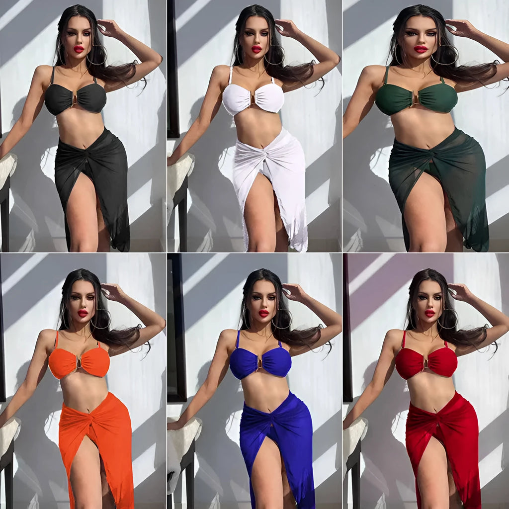 Women's three-piece bikini set with long culottes skirt in multicolour options