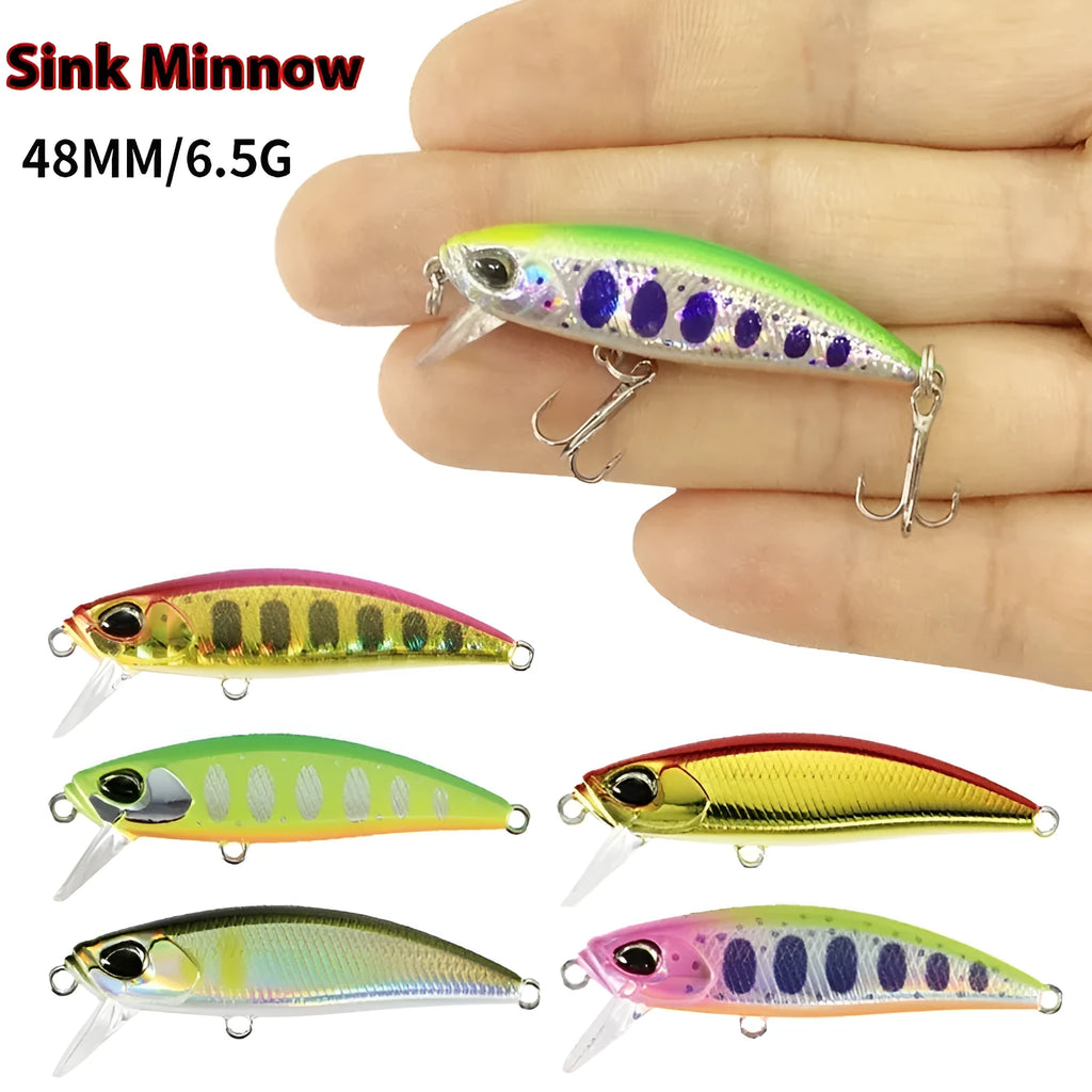 Tossing brand 48mm submerged minnow fishing lure in one of 14 colour variants for mandarin fish and snakehead.