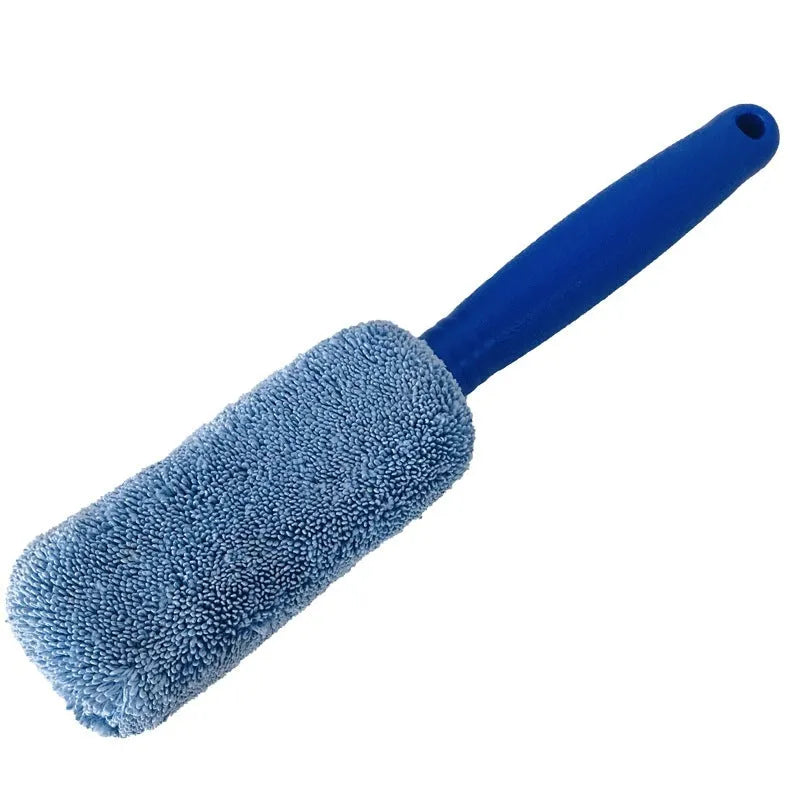 Long handle microfiber car wash brush for cleaning vehicle wheels and tyres in grey and blue