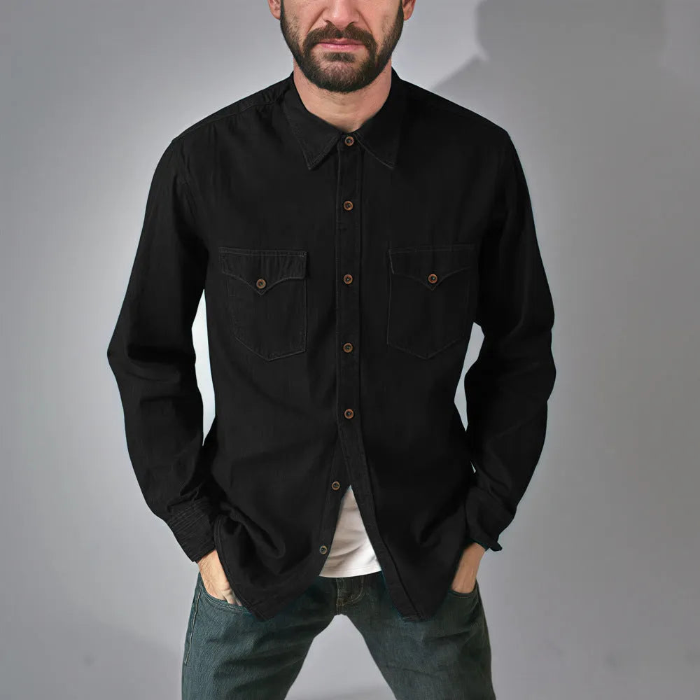 A regular-fit denim cardigan coat shown in khaki, available in multiple sizes.