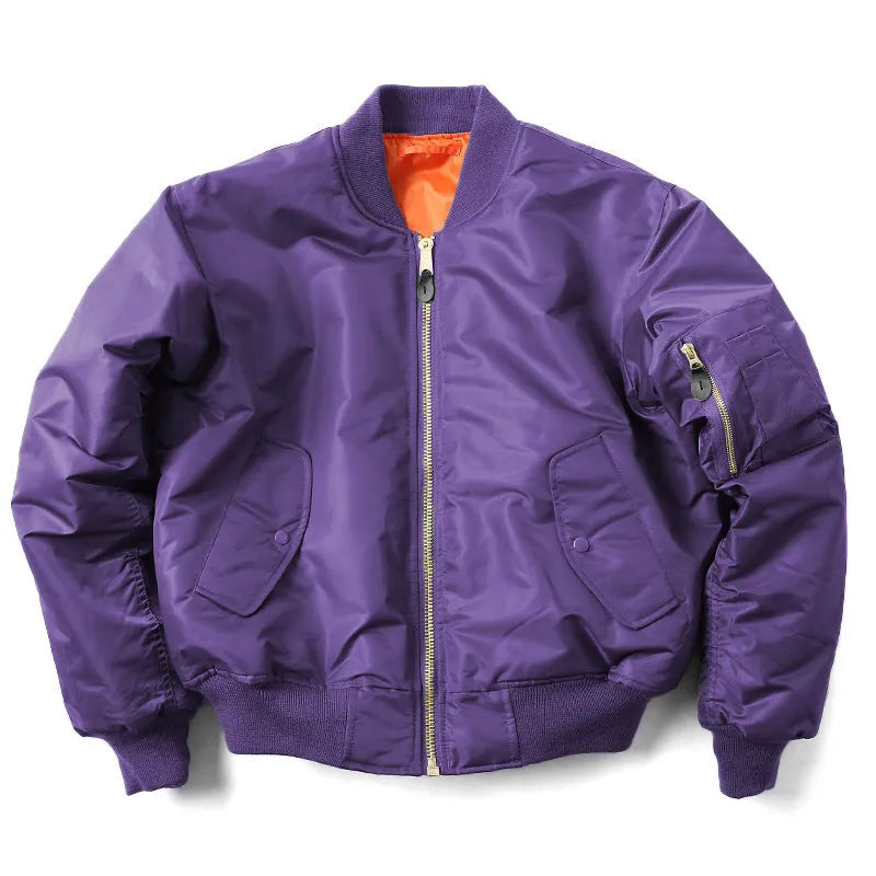 Men's loose fit nylon pilot jacket in Army Green shown on a hanger.
