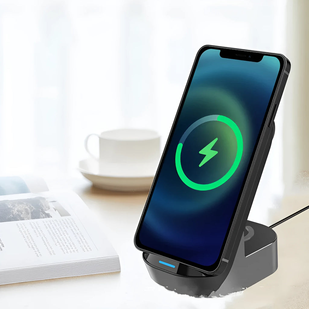 Black and grey foldable 3-in-1 wireless charging stand for mobile phone, watch, and earbuds.