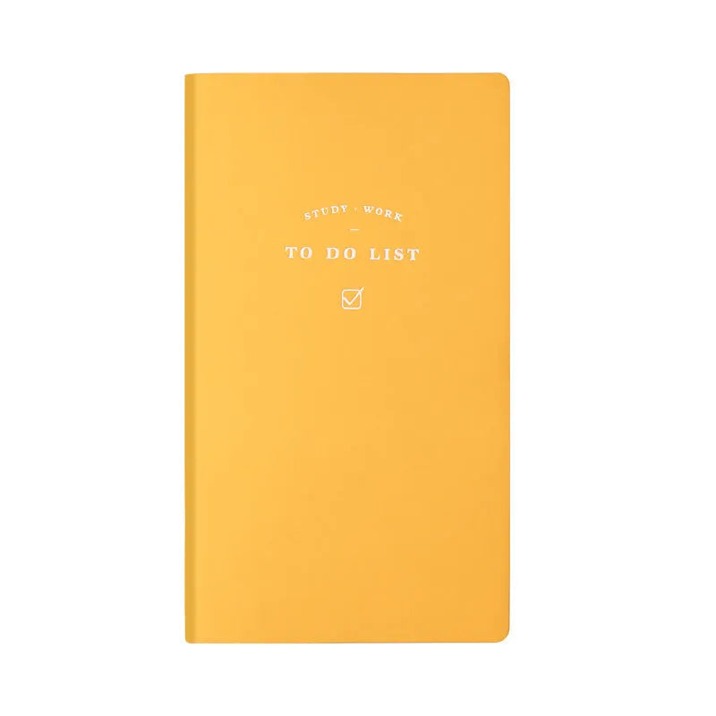 Simple Style 48K PU cover todolist notebook open on a desk, showing Macaron Yellow colour and lined writing paper.