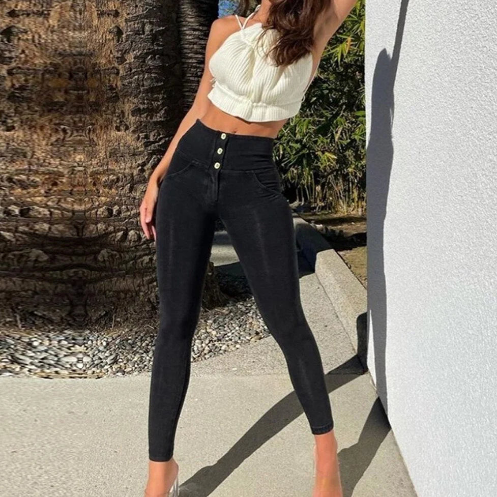 Black women's high waist jeans with button-up hip raise in British style