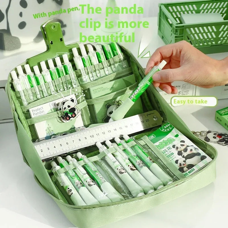 Green canvas 12-layer panda pencil case with zip closure, shown open to reveal compartments.