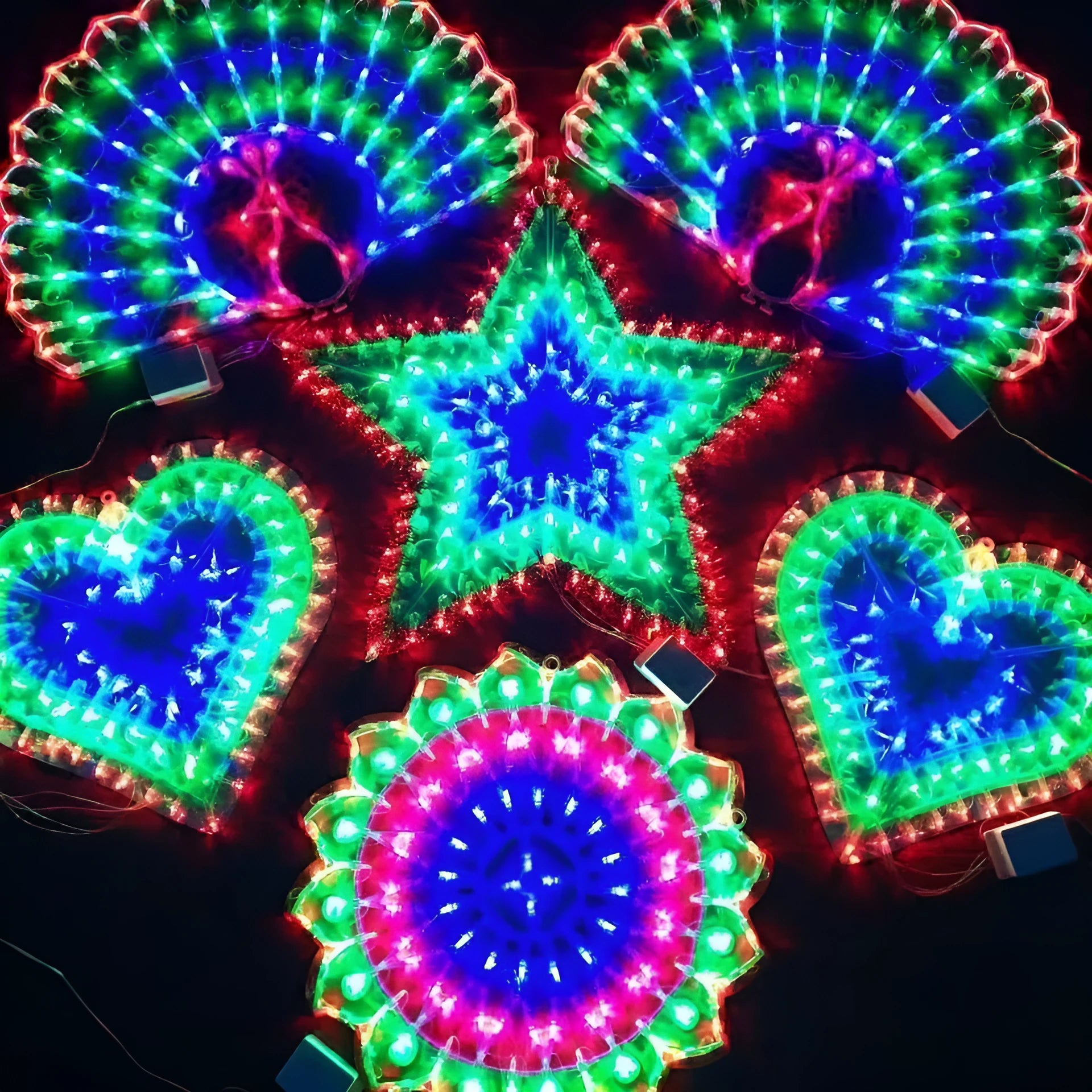 Outdoor Christmas string lights with peacock, love, sunflower and star shapes in colour-changing illumination