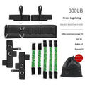 Fitness chest expander elastic belt with colour-coded sleeves indicating 100-300 pound resistance options