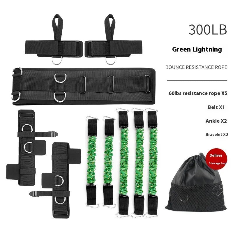 Fitness chest expander elastic belt with colour-coded sleeves indicating 100-300 pound resistance options