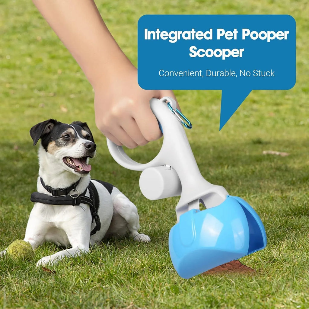ABS plastic pet pooper scooper with integrated trash bag holder in blue colour