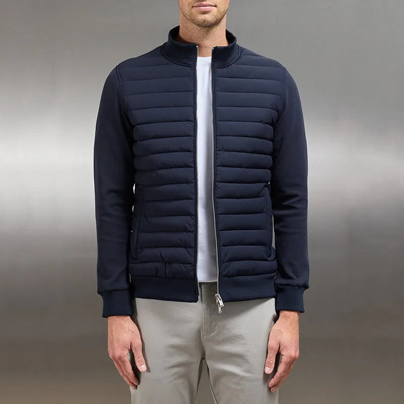 Men's lightweight stand collar coat in solid colour, knitted cotton blend fabric, with topstitching pockets