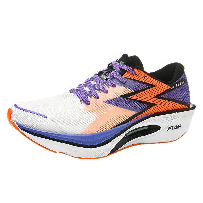 White and orange low-top running shoes with fabric upper, mesh lining, and a visible carbon plate design in the sole.