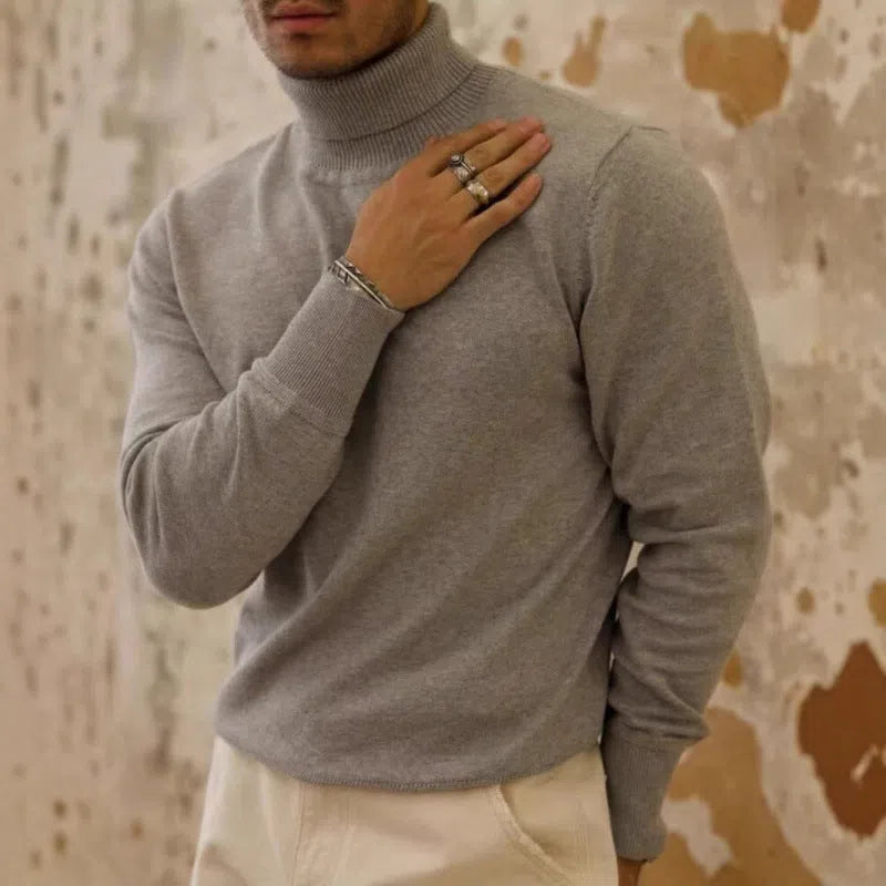 Men's autumn winter turtleneck cotton sweater in black, long sleeves, pullover style