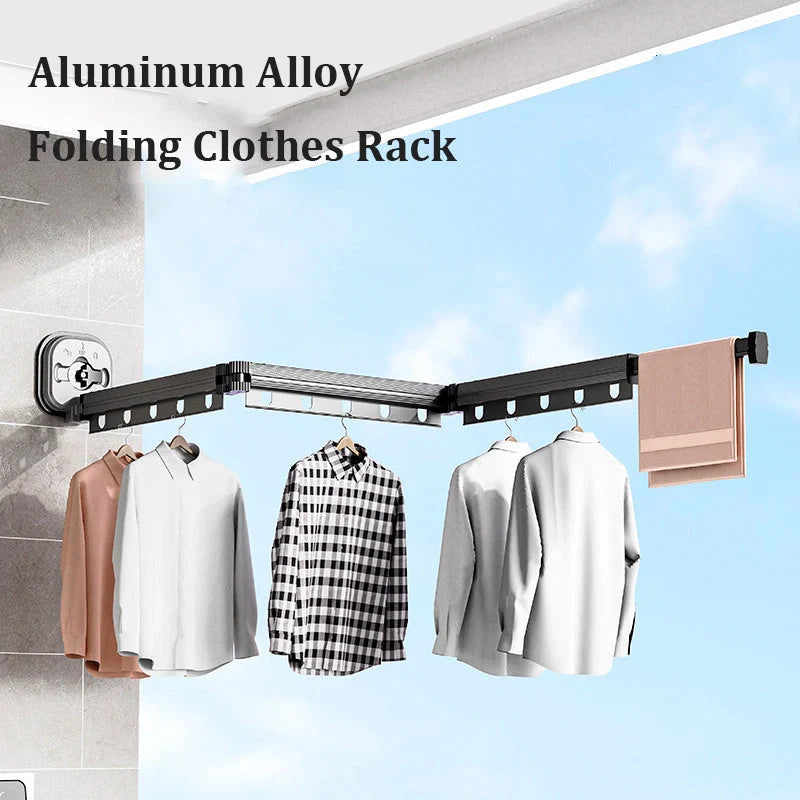 Aluminum retractable clothes drying rack mounted on wall with suction cups