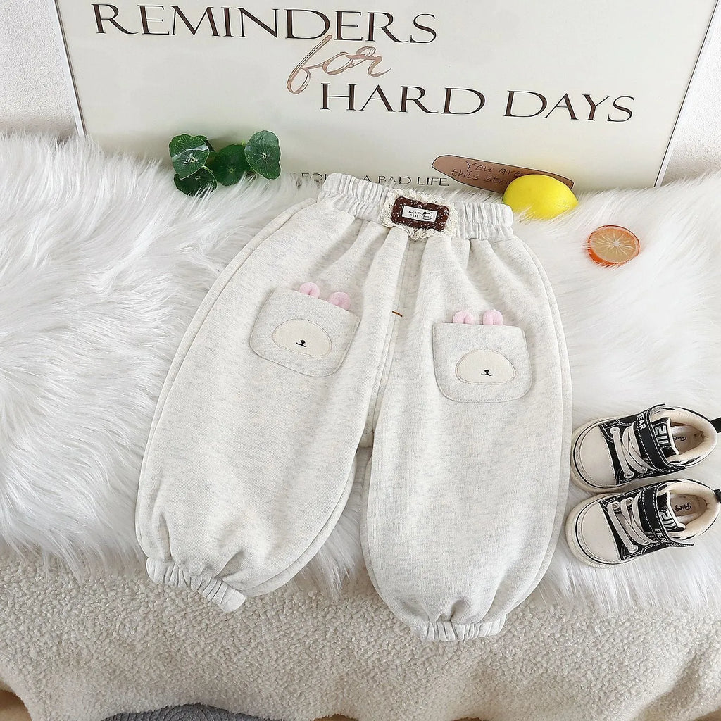 Girls cotton autumn winter trousers Korean style cartoon cute gray or pink for 80-120cm height