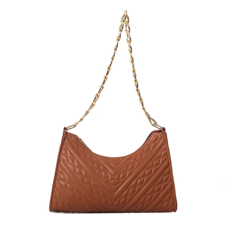 Brown pleated chain strap baguette shoulder bag showing vertical square shape and soft handle.