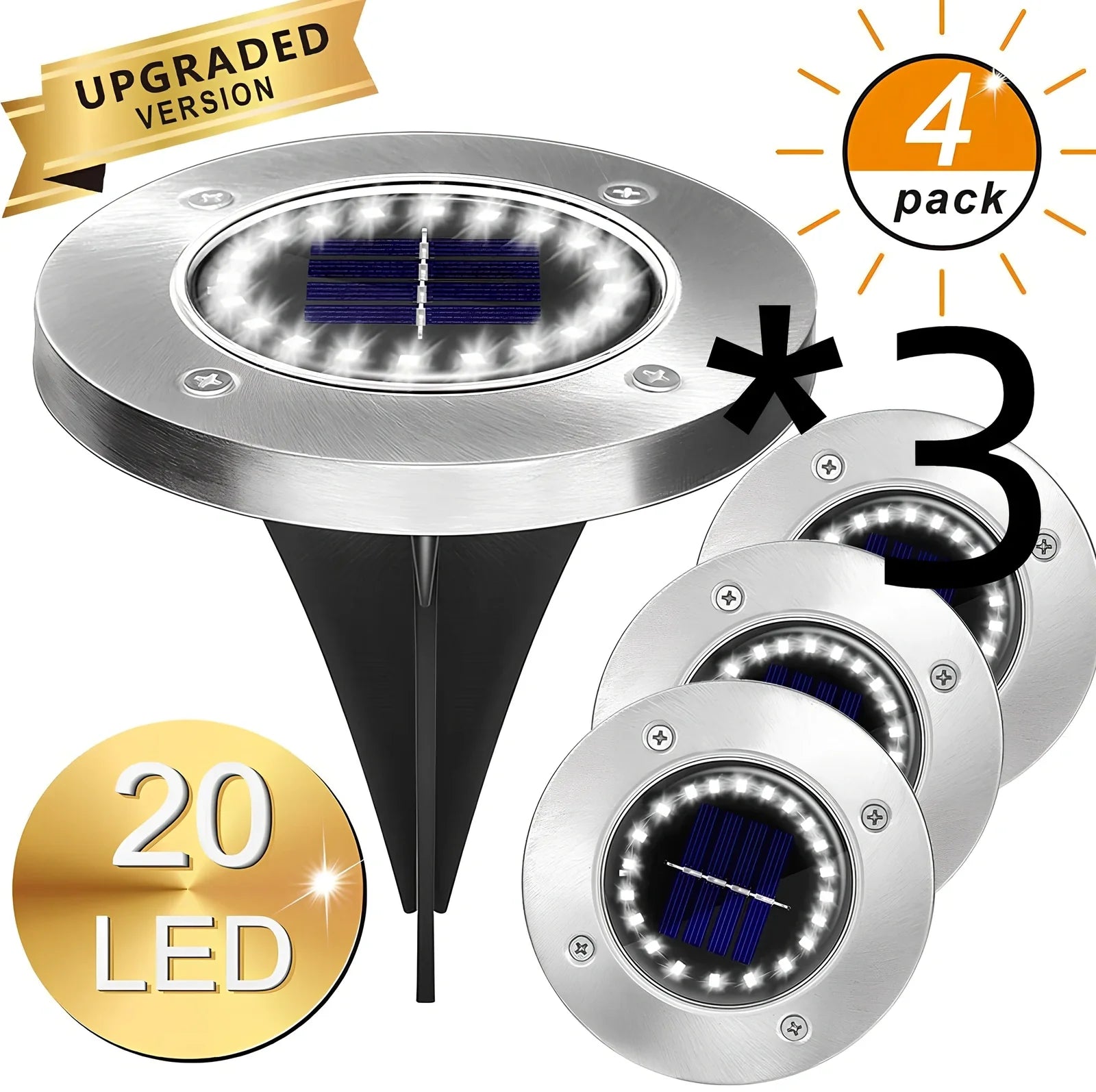 8LED waterproof solar garden light staked in lawn with warm glow, IP65 rated for rain resistance