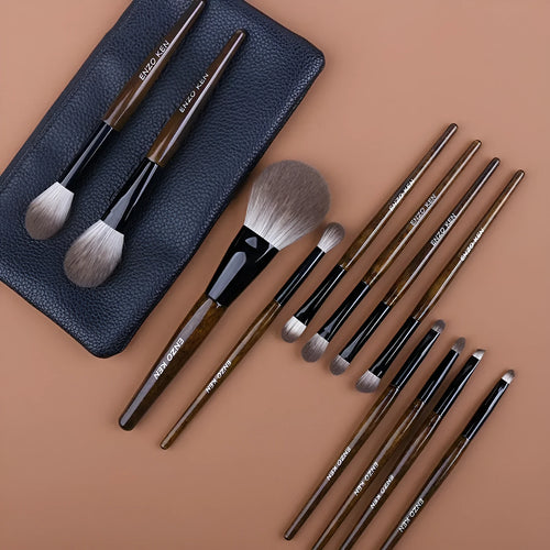 12-piece wooden handle makeup brush set with a powder brush in a grey PU pouch