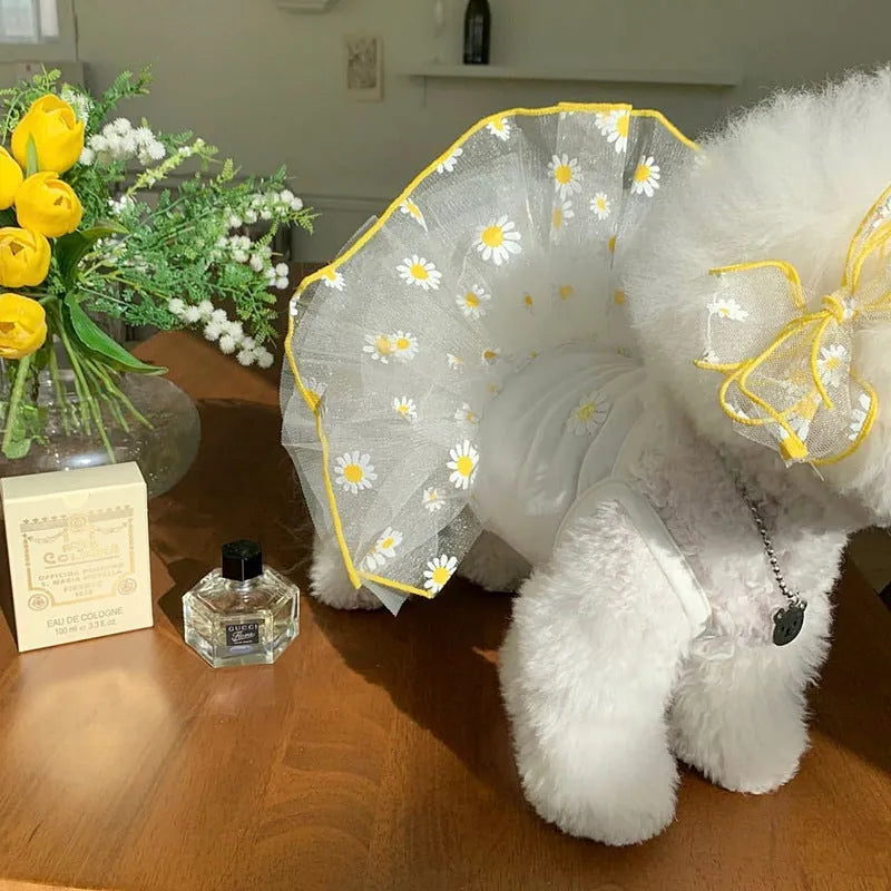 Yellow daisy print dog t-shirt on mannequin showing lightweight polyester summer pet clothing