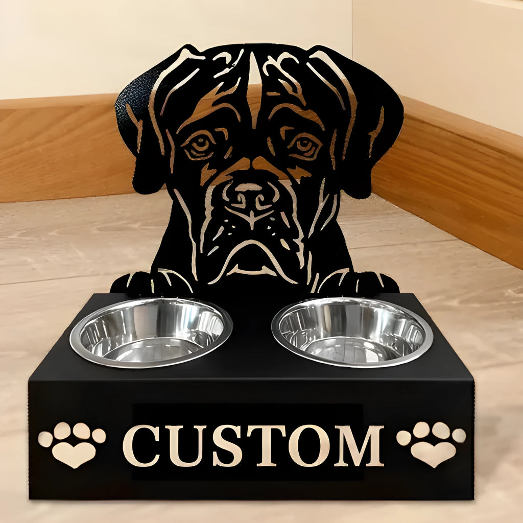 Personalised wrought iron dog bowl rack with custom name, 33x17x7cm, holding a metal dog bowl