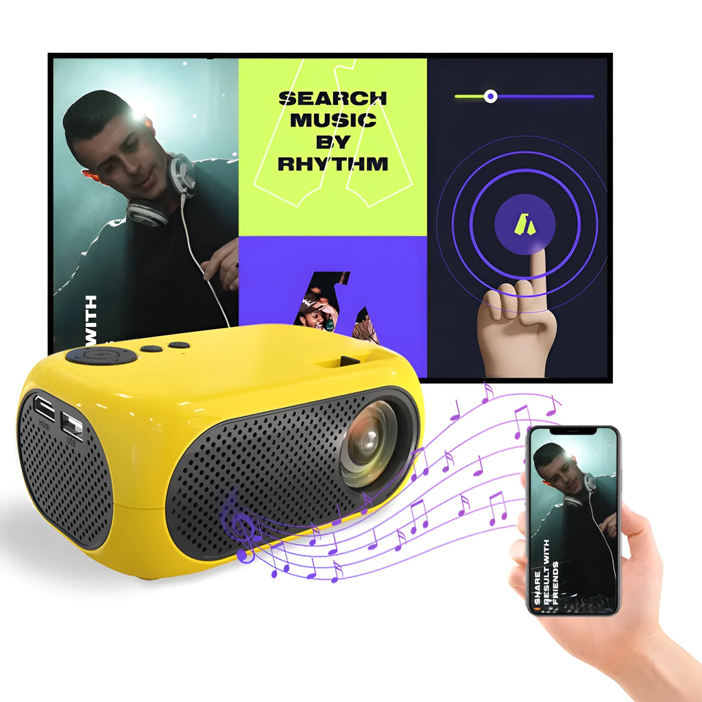 M24 micro mini LED projector in gold or white colour with compact design showing power adapter and AV cable accessories