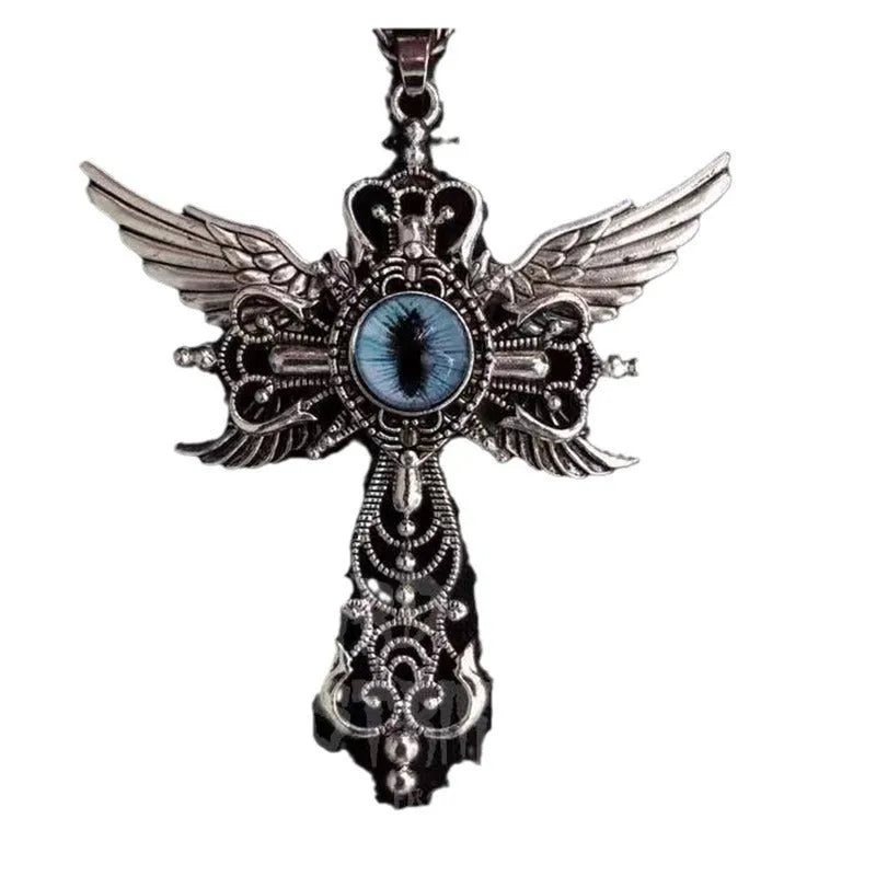 A geometric alloy pendant necklace featuring a cross shape with devil wings, shown in blue, green, purple, red, and yellow colour options.