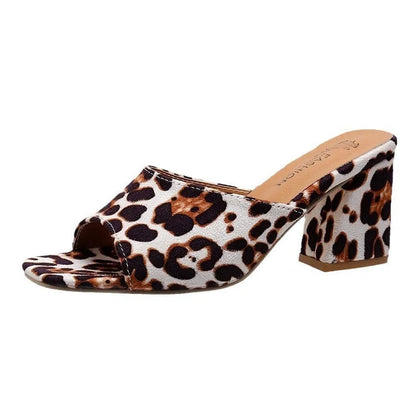 Leopard print square toe sandals with chunky heel for women in white, red, and camel