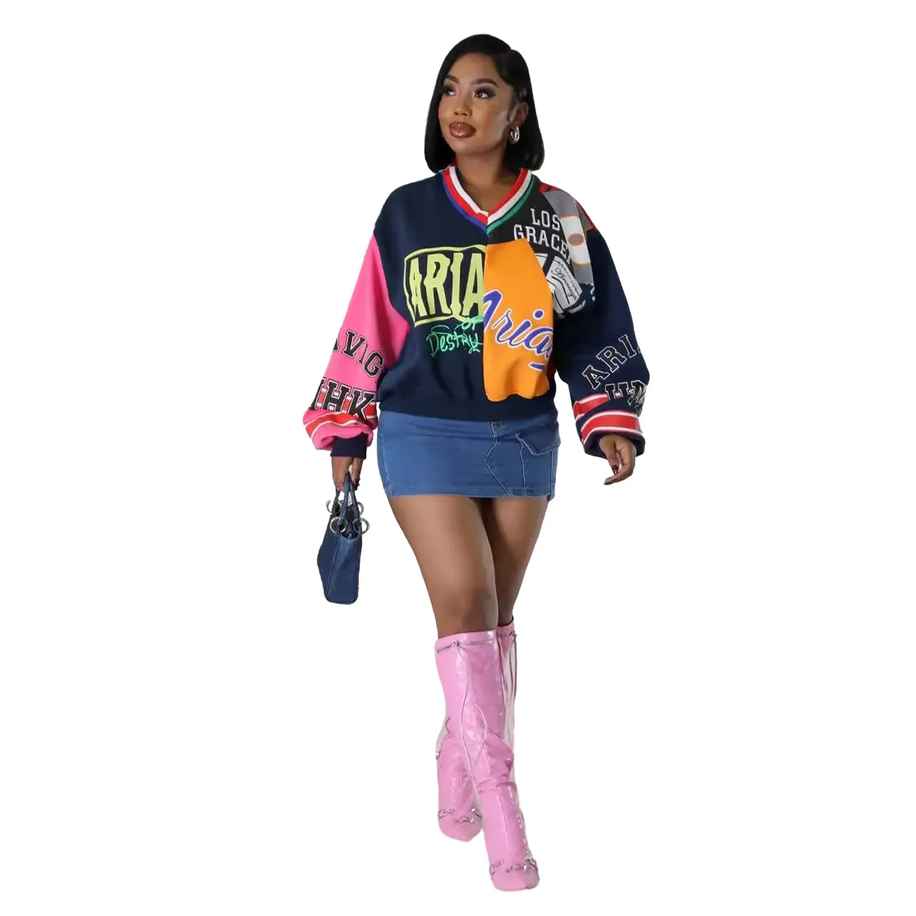 Women's loose V-neck sweatshirt with contrast letter print in blue colour, long sleeves, pullover style