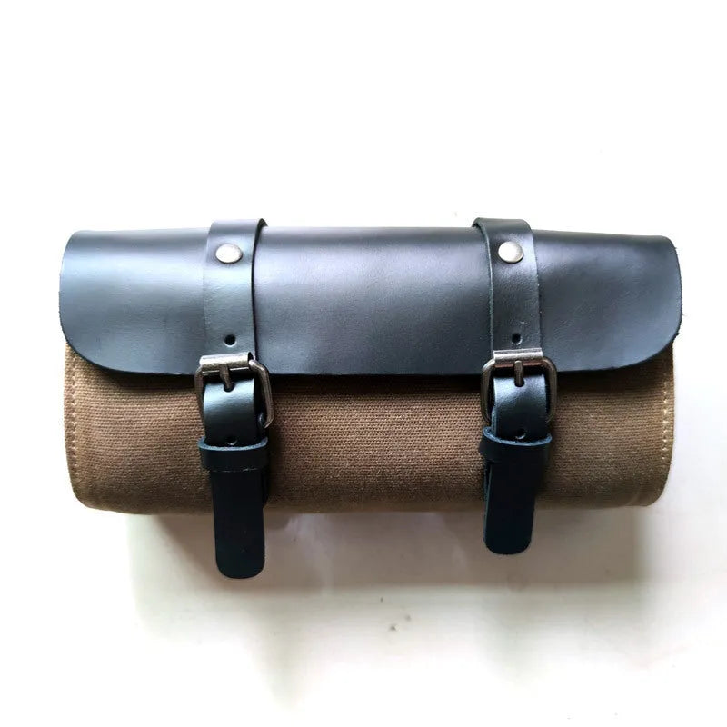 Retro cotton Knight Messenger Bag for motorcycle helmets with cable ties, shown in army green.