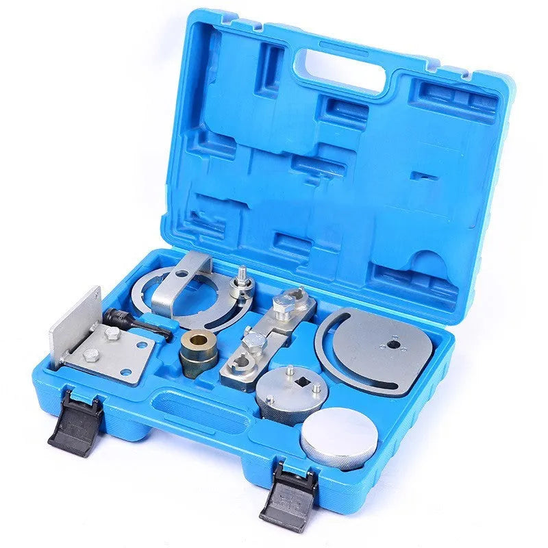 Volvo engine timing tool set with 8 carbon steel alignment tools for cylinder head work.
