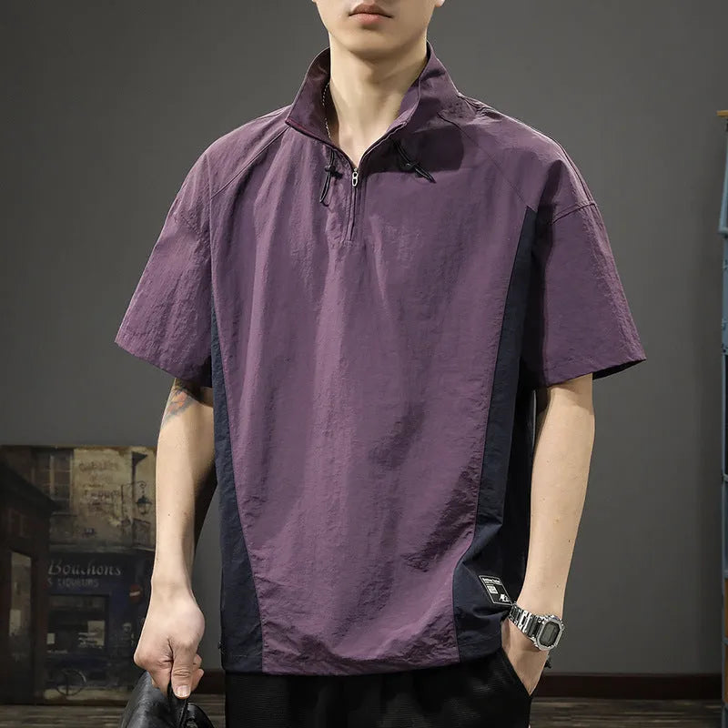 Brown men's half-zip stand collar short sleeve shirt made from ice silk fabric.