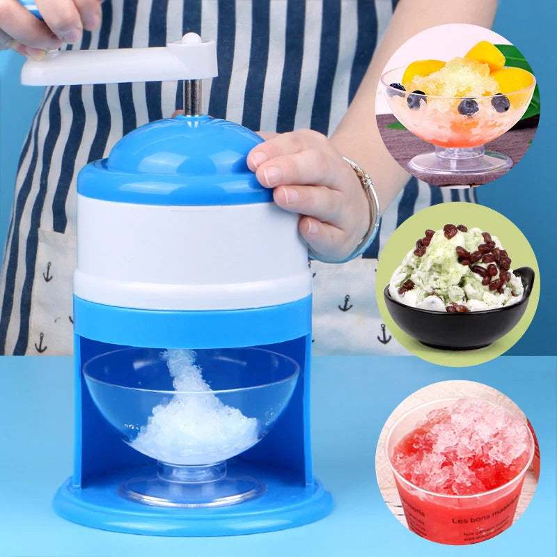 Portable manual ice crusher with stainless steel blade in blue and white