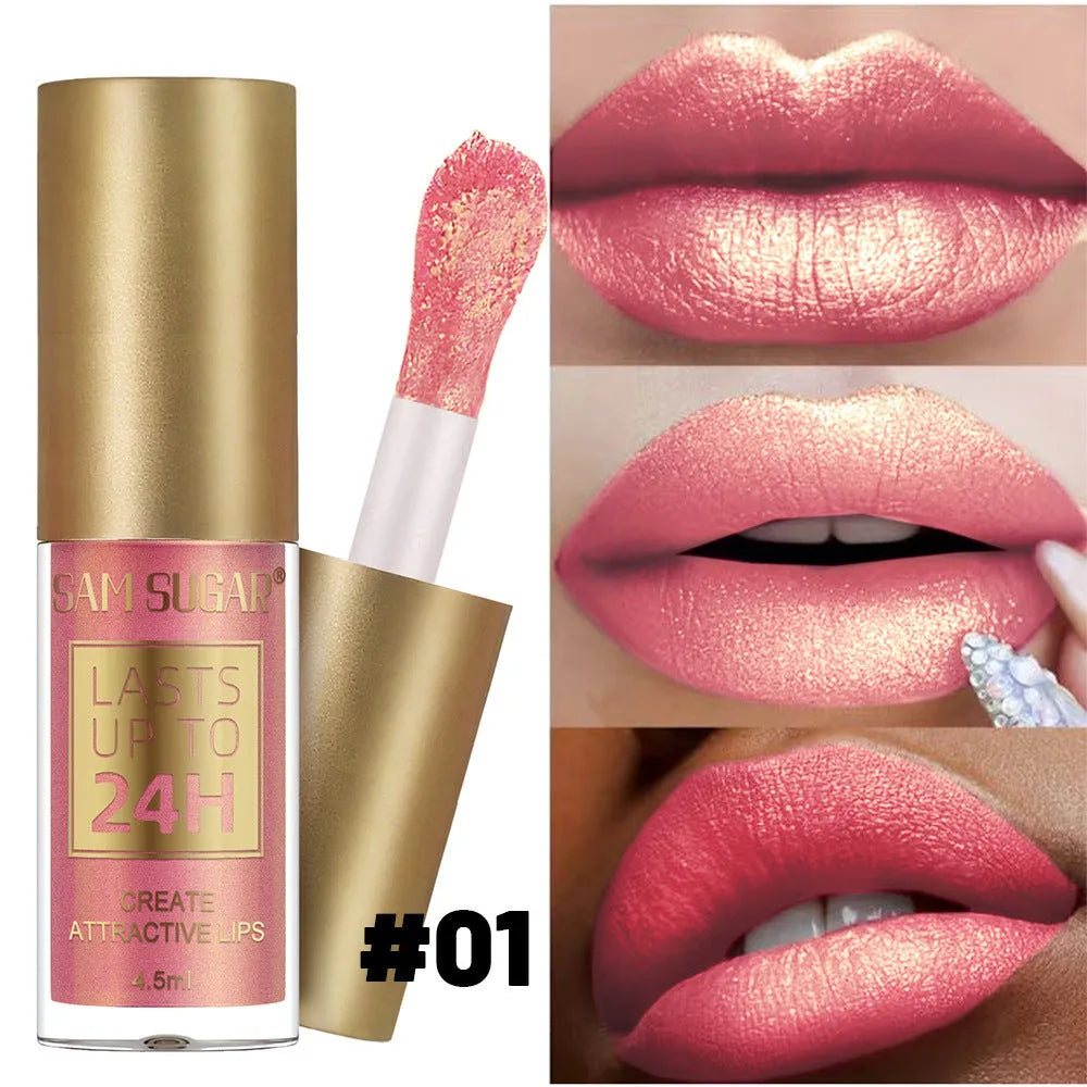 6-colour set of glittering pearlescent lip lacquer tubes in metallic finish shades 01 to 06
