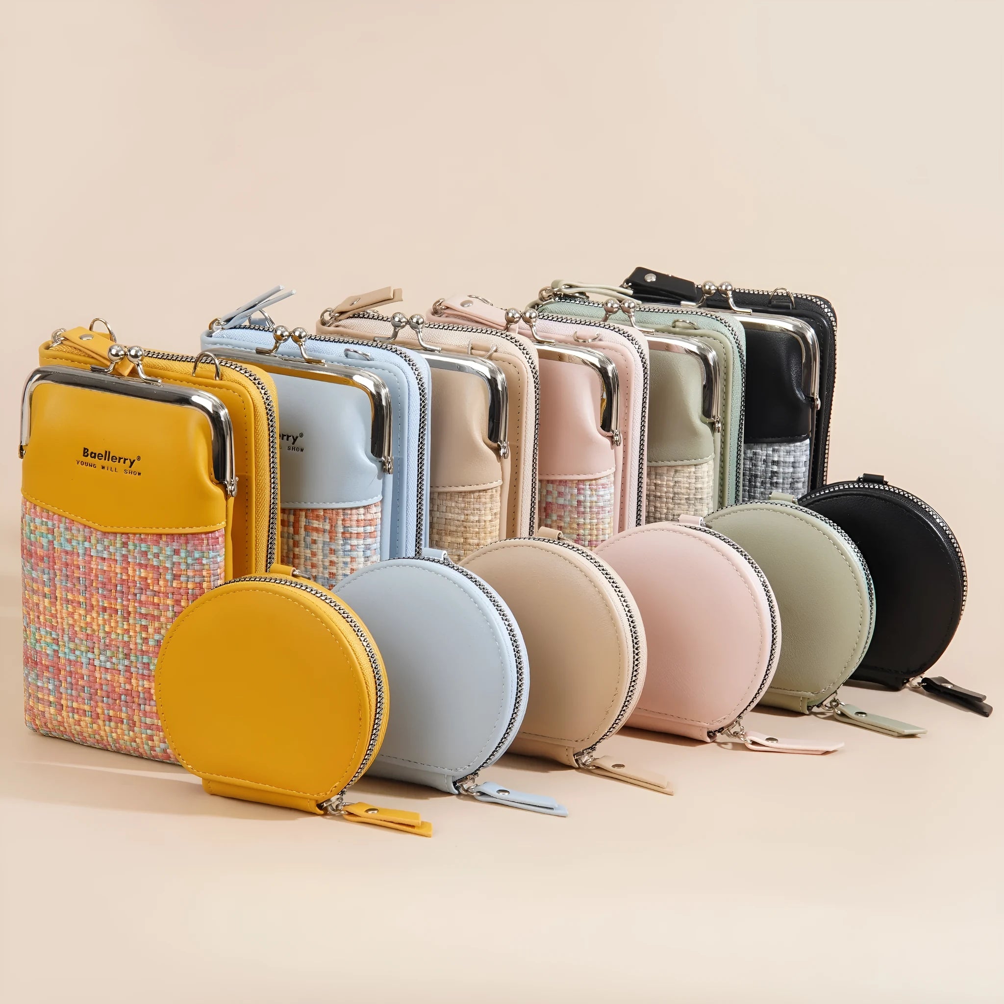 Women's crossbody phone bag mini satchel in square vertical design showing colour options