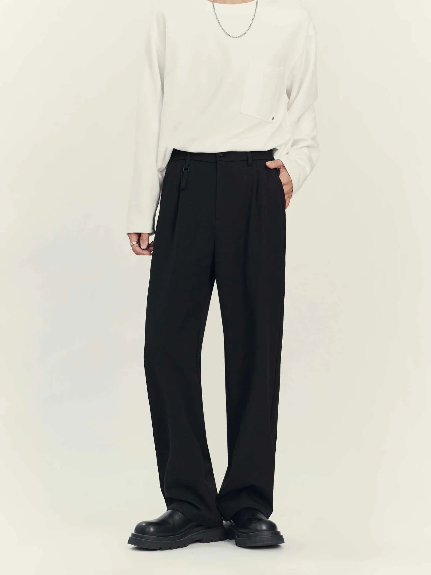 Men's black straight-leg business casual trousers with loose fit and Asian sizing