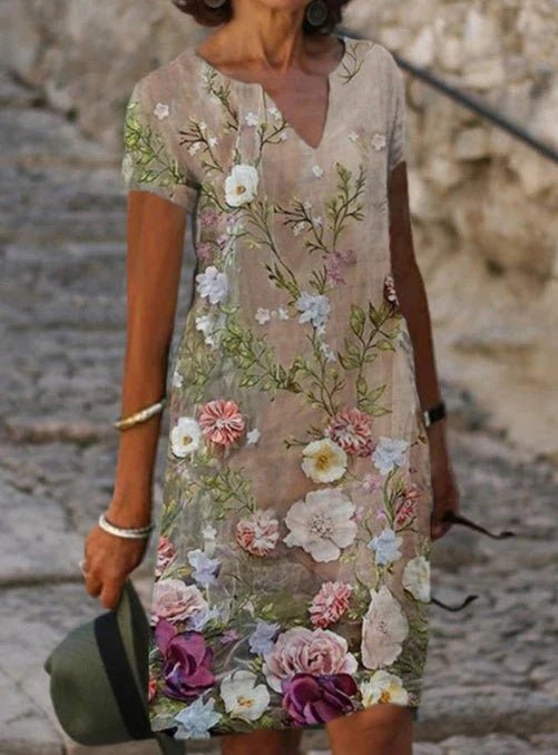 Floral Midi Dress with V-Neck and Short Sleeves, Made from Premium Cotton and Linen Blend