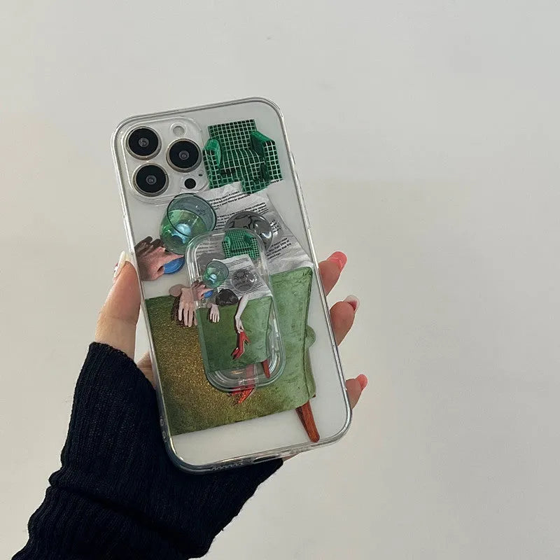 New illustration anti drop silicone phone case for iPhone with push pull bracket option