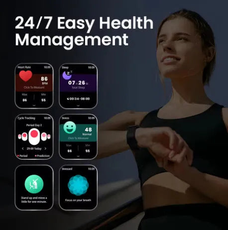 Bluetooth smart watch in black with touch button interface on wrist